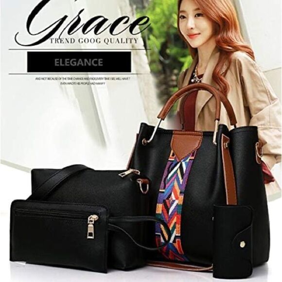 GRACE FASHION Women’s 4 in 1 PU Leather Handbag in Black Multi - Picture 4 of 12